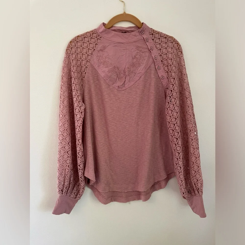 Free people sweetest thing thermal knit high neck long sleeve top size xs pink